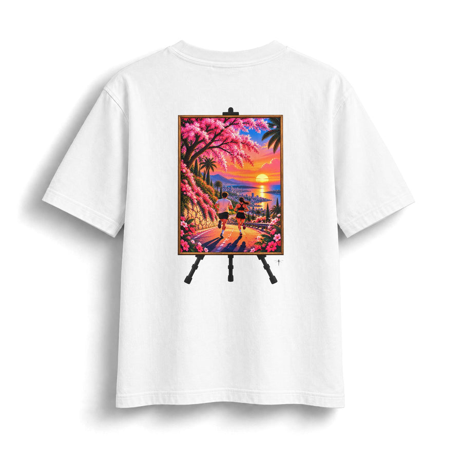 Sunset Run heavyweight cropped tee in White, back view with sunset running scene print