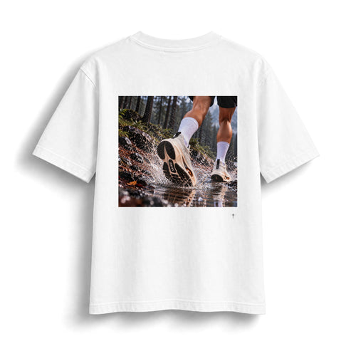Trail Splash heavyweight cropped tee in White, back view with trail running splash print